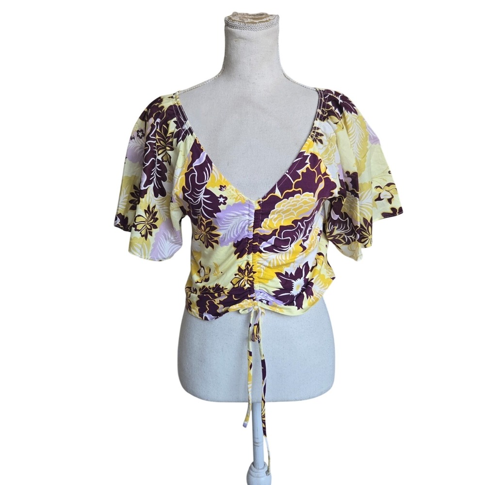Anthropologie Maeve Multicolor Floral Stretch Cinched Flutter-Sleeve Top Size S‎